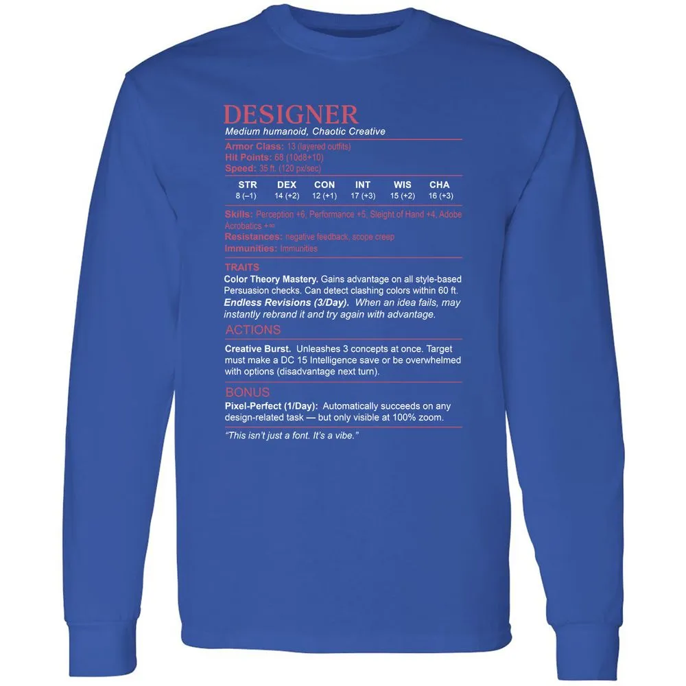 Designer Stats Long Sleeve T-Shirt - Royal - 8