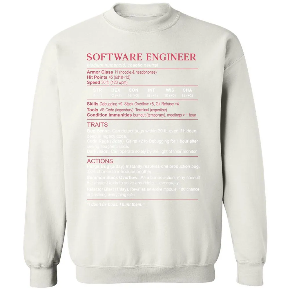 Software Engineer Stats Classic Unisex Sweatshirt - White - 12
