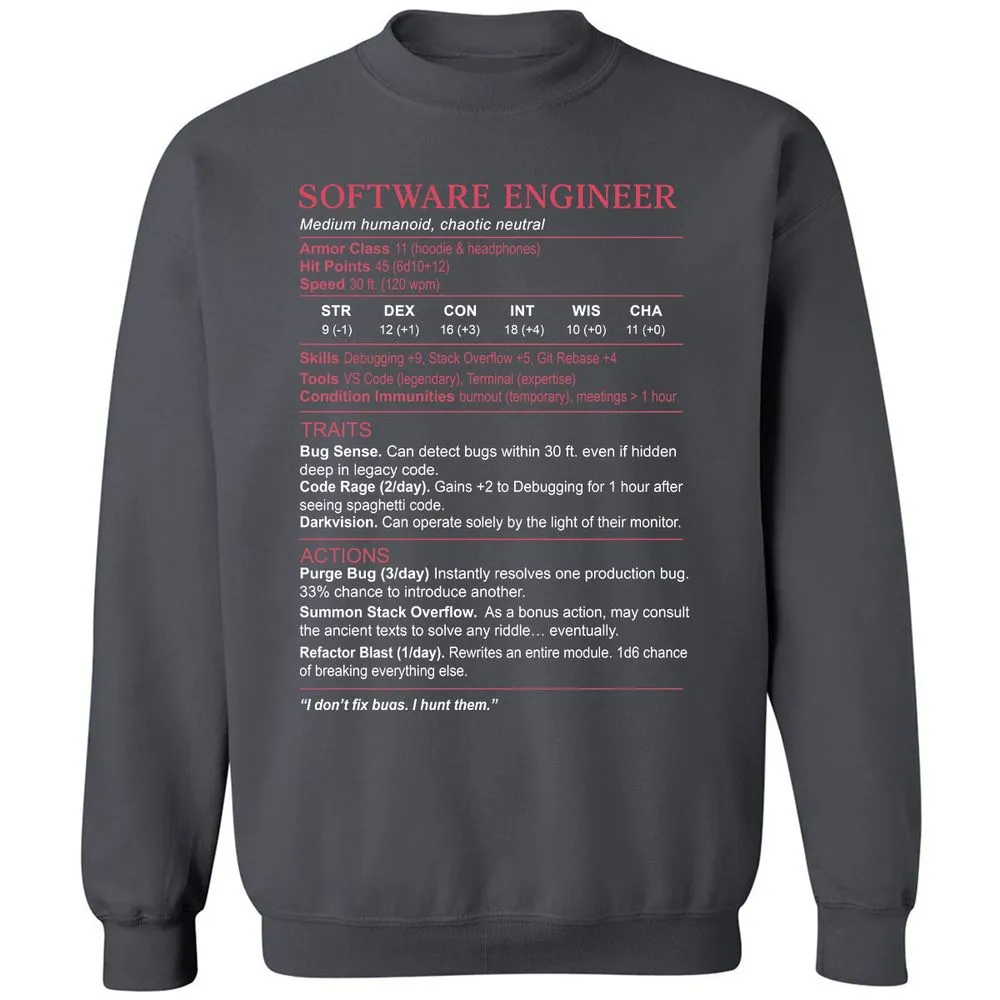 Software Engineer Stats Classic Unisex Sweatshirt - Charcoal - 7