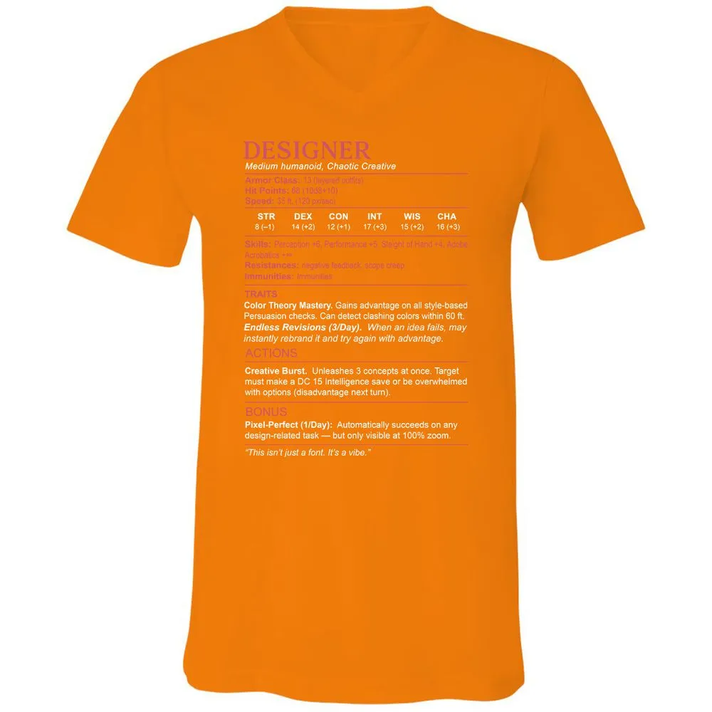 Designer Stats Unisex V-Neck T-Shirt - Orange - 11