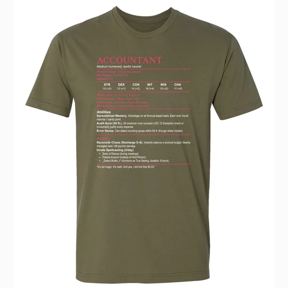 Accountant Stats Premium Unisex T-Shirt - Military Green - 5