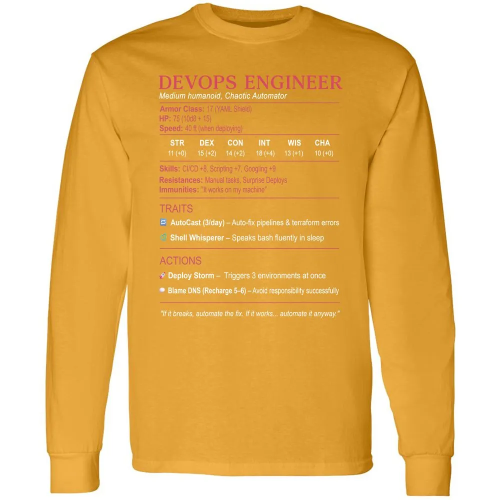 DevOps Engineer Stats Long Sleeve T-Shirt - Gold - 9