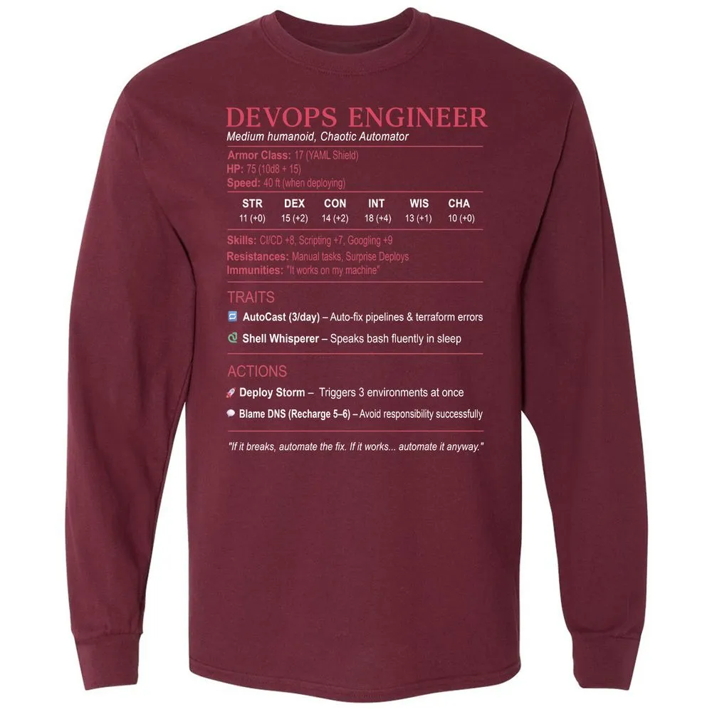 DevOps Engineer Stats Long Sleeve T-Shirt - Maroon - 11