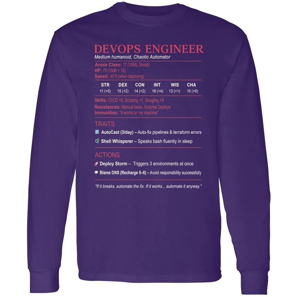 DevOps Engineer Stats Long Sleeve T-Shirt - Purple - 13