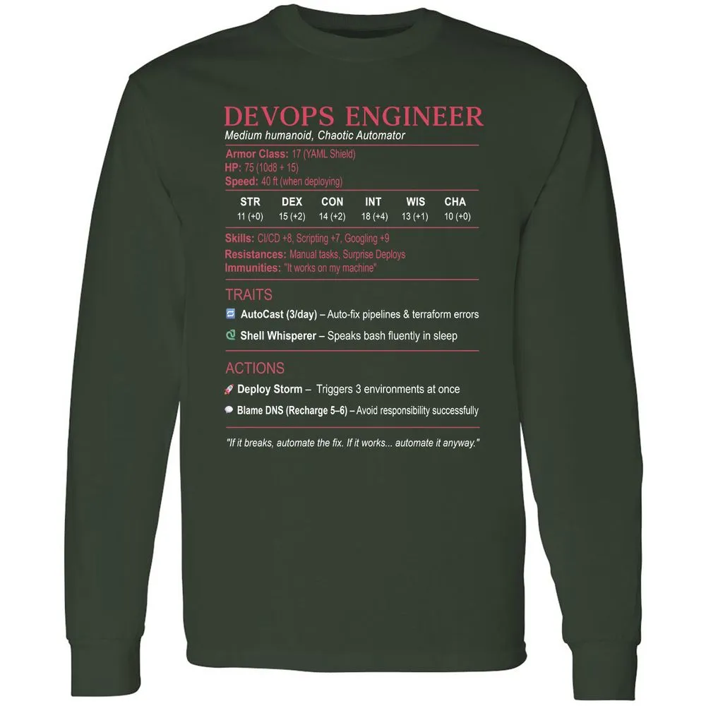 DevOps Engineer Stats Long Sleeve T-Shirt - Forest Green - 4