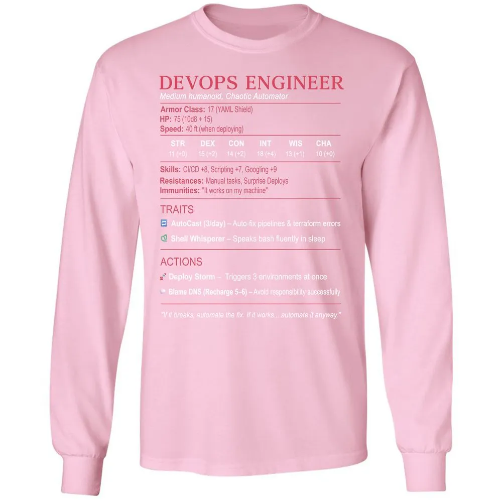 DevOps Engineer Stats Long Sleeve T-Shirt - Light Pink - 3