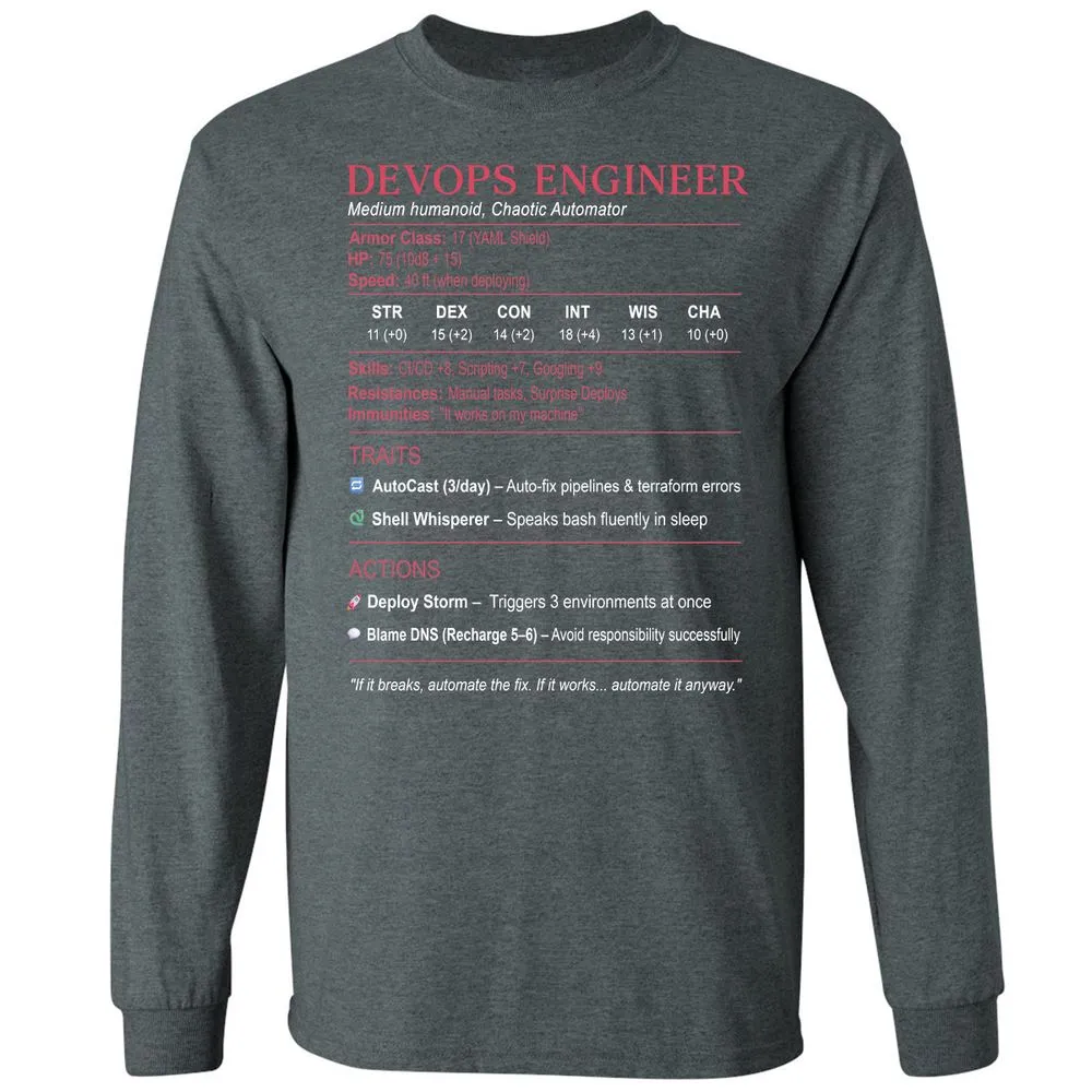 DevOps Engineer Stats Long Sleeve T-Shirt - Dark Heather - 15