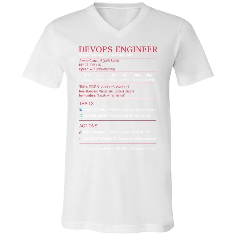 DevOps Engineer Stats Unisex V-Neck T-Shirt - White - 5