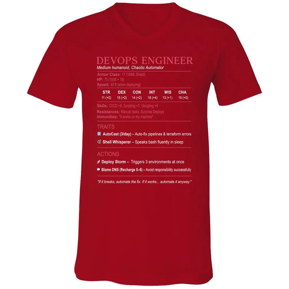 DevOps Engineer Stats Unisex V-Neck T-Shirt - Red - 3