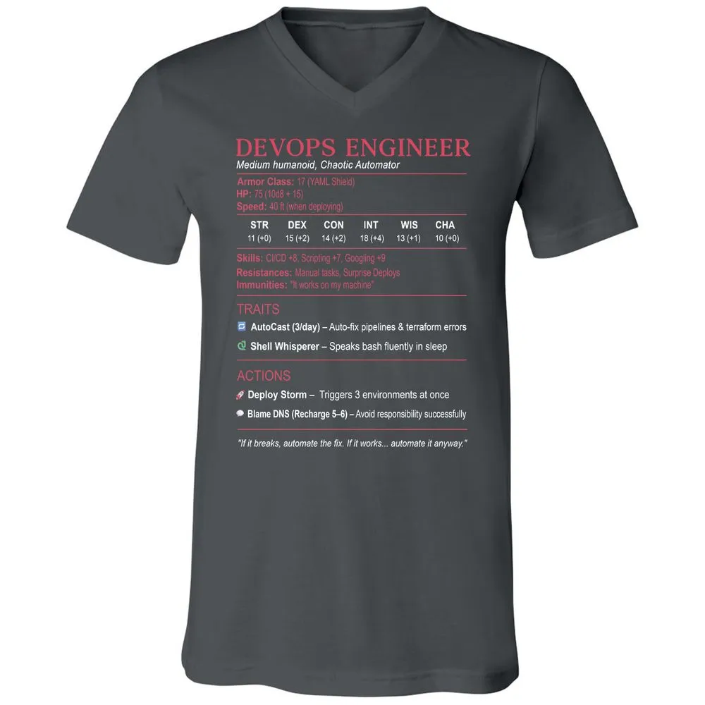 DevOps Engineer Stats Unisex V-Neck T-Shirt - Asphalt - 12