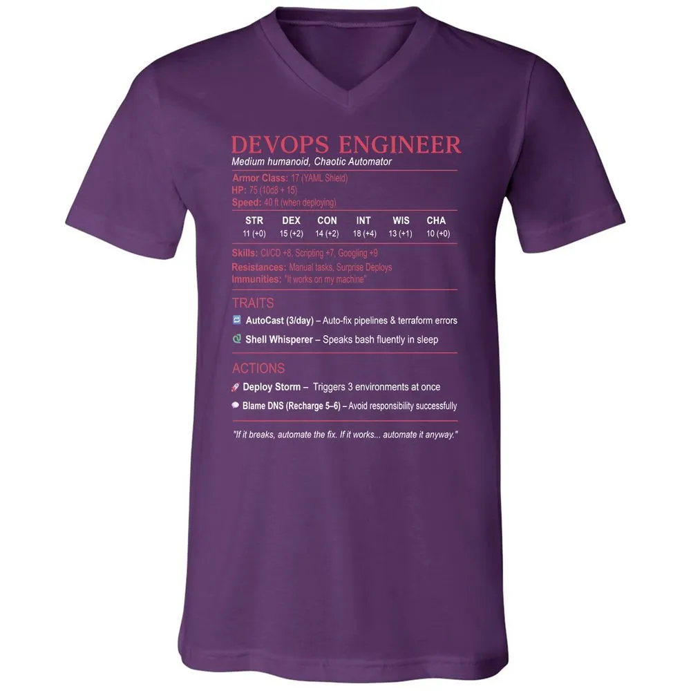 DevOps Engineer Stats Unisex V-Neck T-Shirt - Team Purple - 9