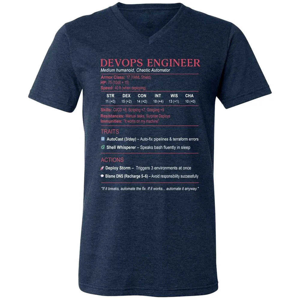 DevOps Engineer Stats Unisex V-Neck T-Shirt - Heather Navy - 15