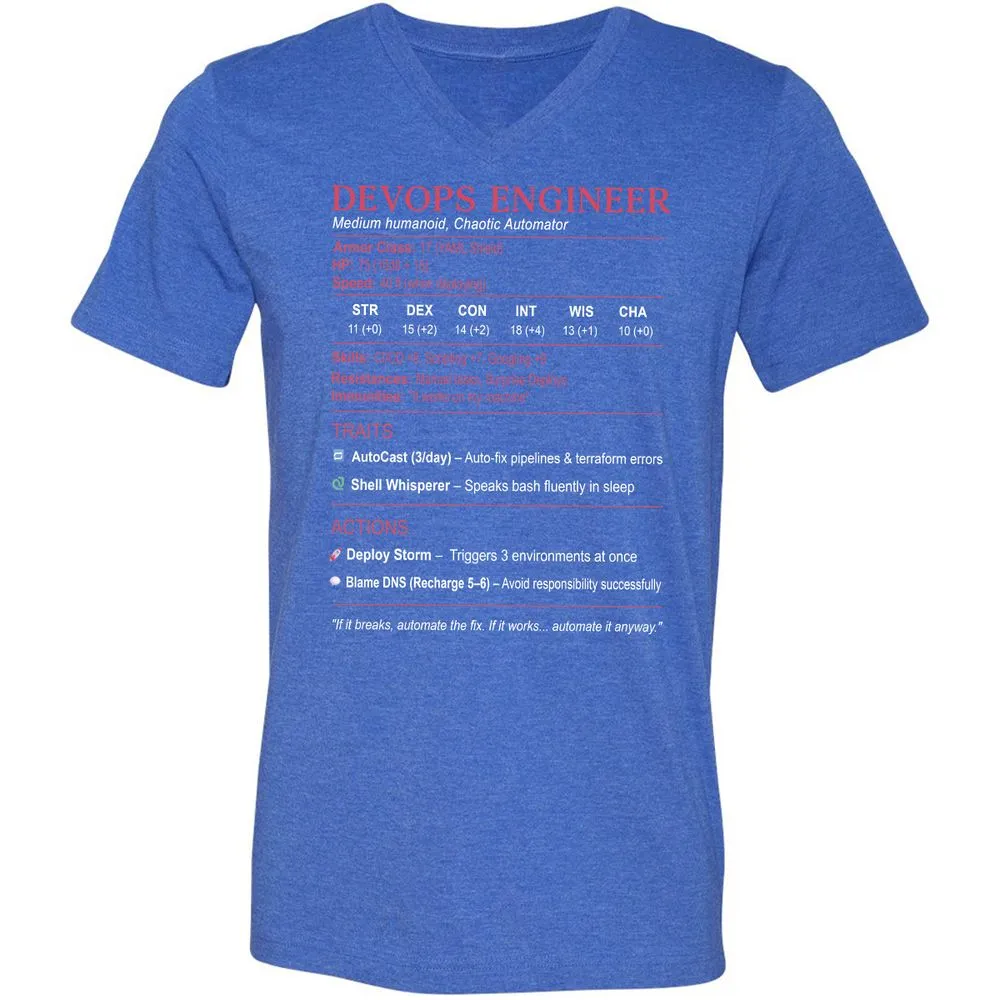DevOps Engineer Stats Unisex V-Neck T-Shirt - Heather True Royal - 14