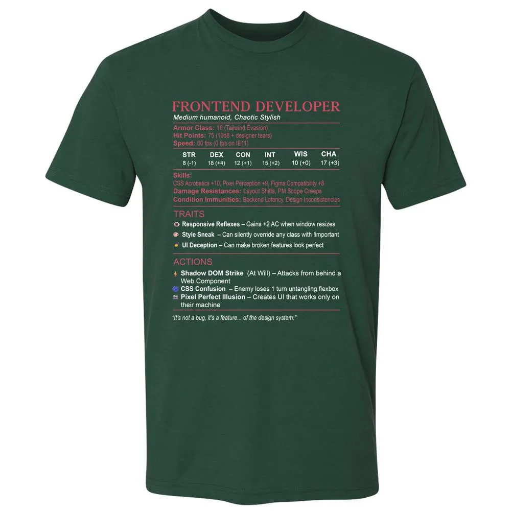 Frontend Developer Stats Premium Unisex T-Shirt - Forest Green - 13