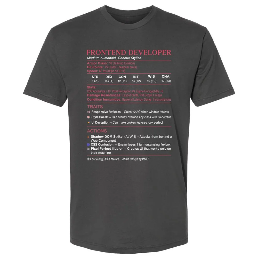 Frontend Developer Stats Premium Unisex T-Shirt - Heavy Metal - 8
