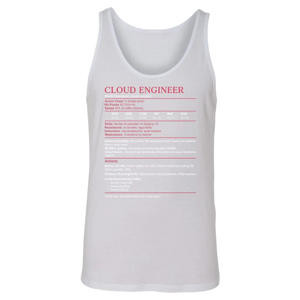 Cloud Engineer Stats Unisex Jersey Tank - White - 14