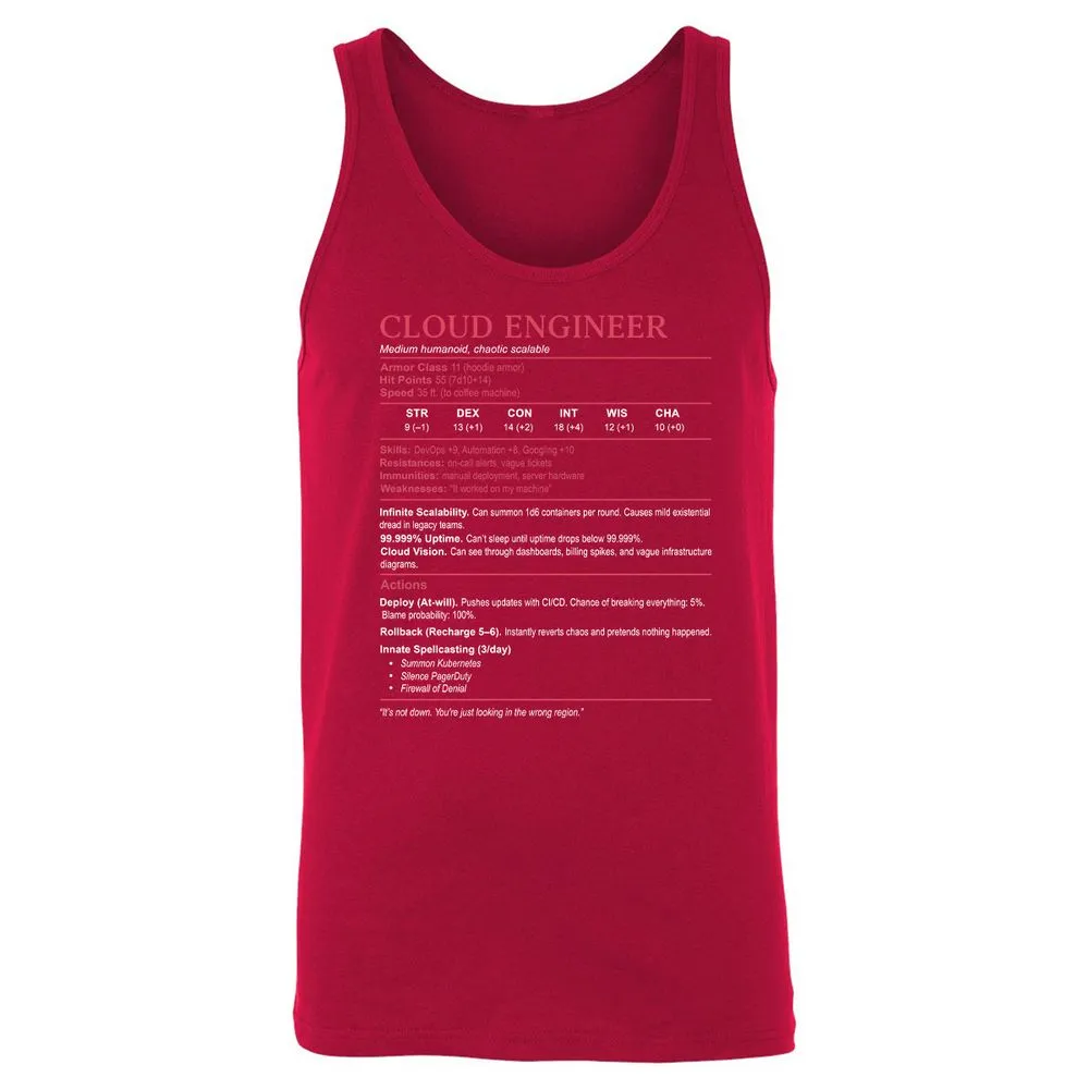 Cloud Engineer Stats Unisex Jersey Tank - Red - 11