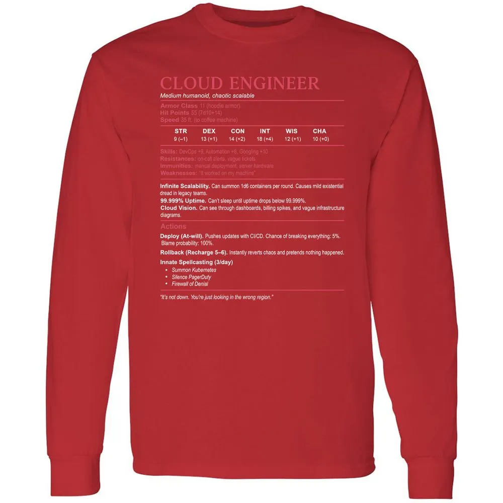 Cloud Engineer Stats Long Sleeve T-Shirt - Red - 14