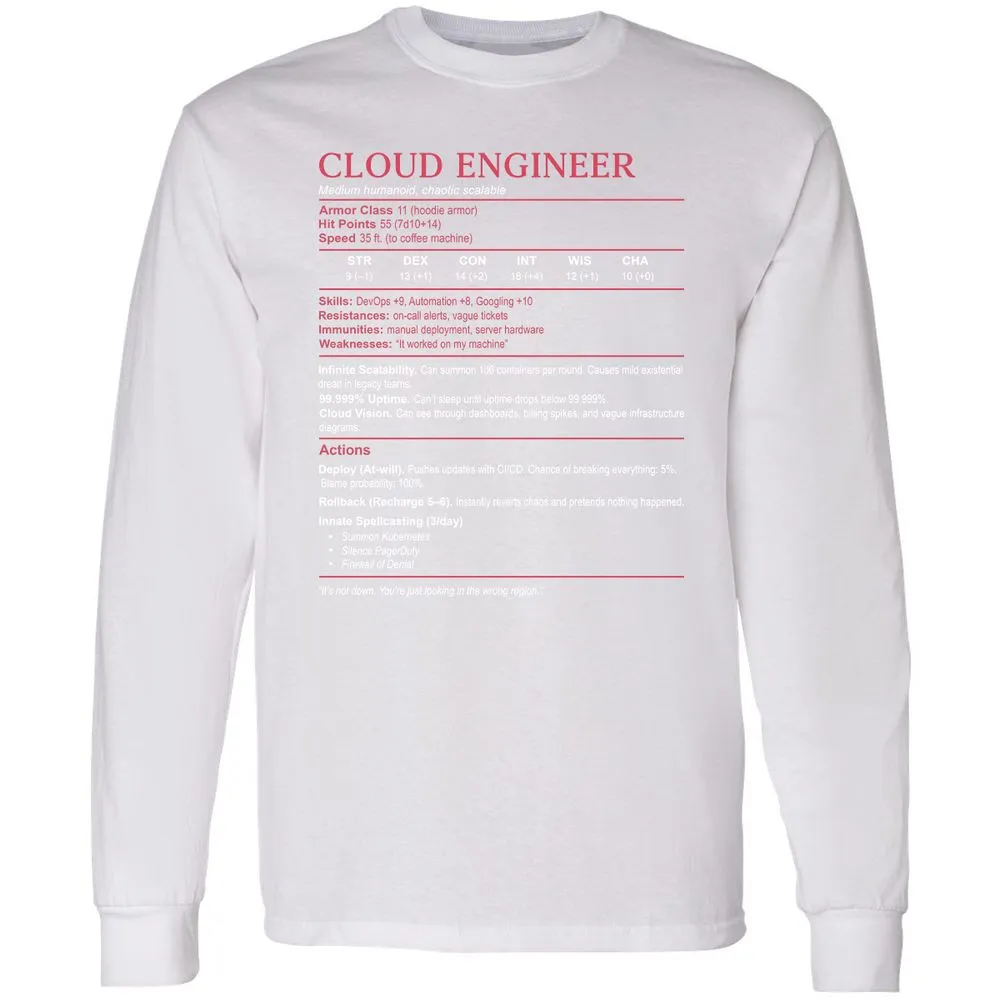 Cloud Engineer Stats Long Sleeve T-Shirt - White - 5