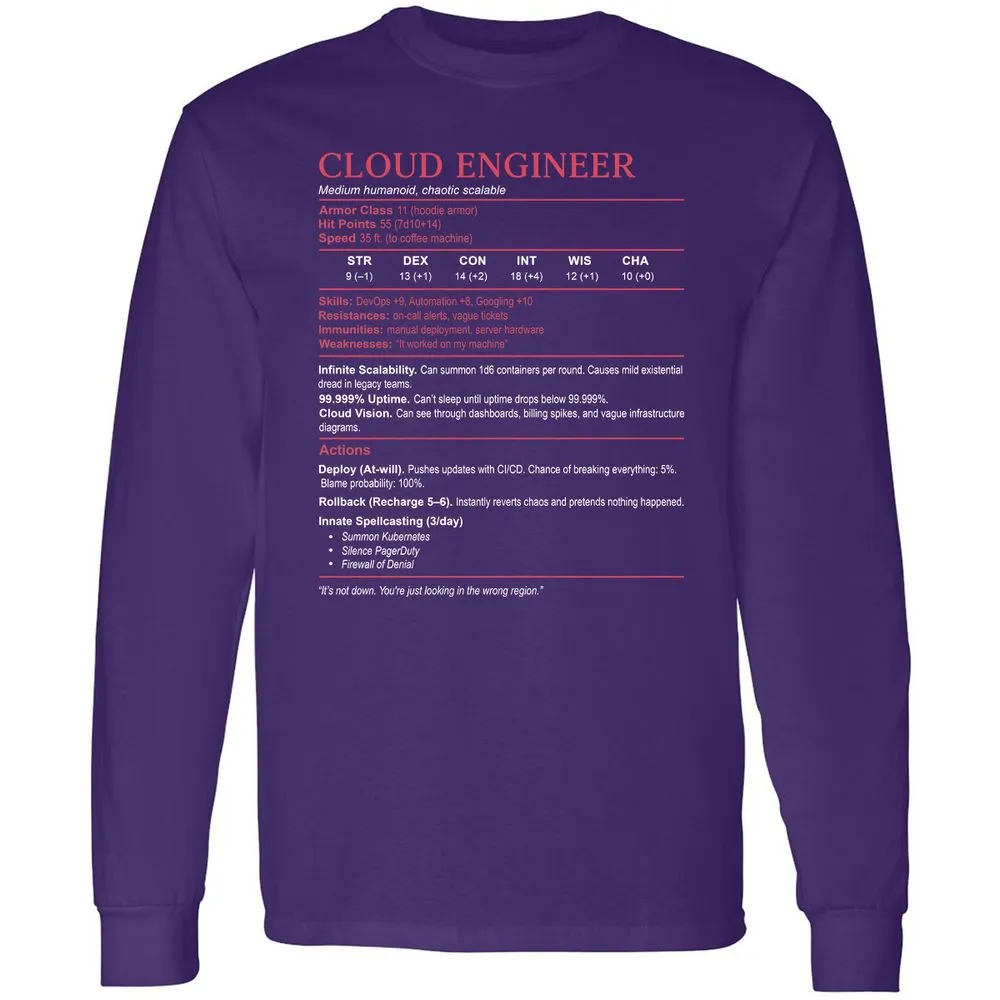 Cloud Engineer Stats Long Sleeve T-Shirt - Purple - 13