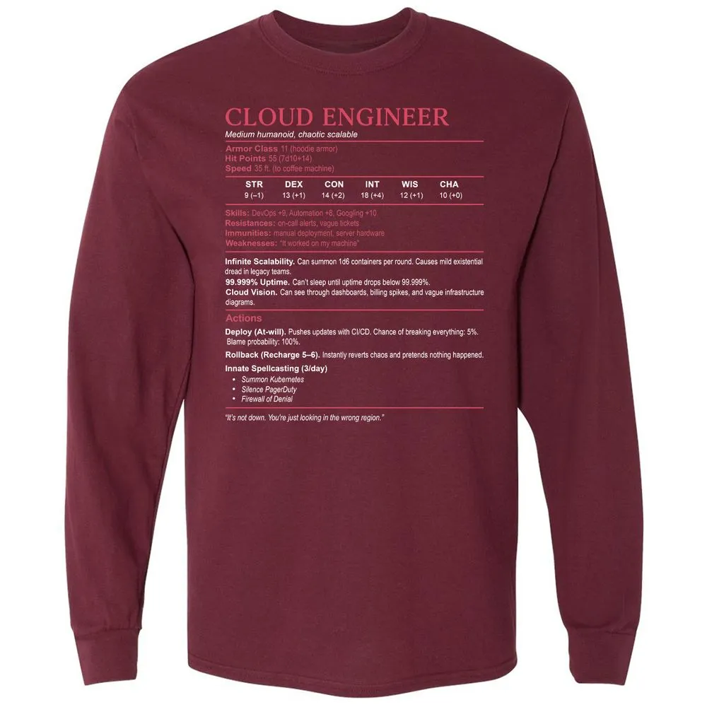 Cloud Engineer Stats Long Sleeve T-Shirt - Maroon - 11