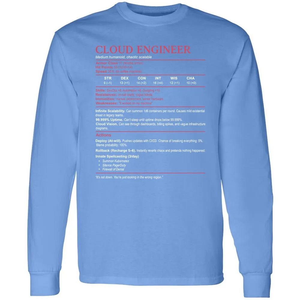 Cloud Engineer Stats Long Sleeve T-Shirt - Carolina Blue - 12