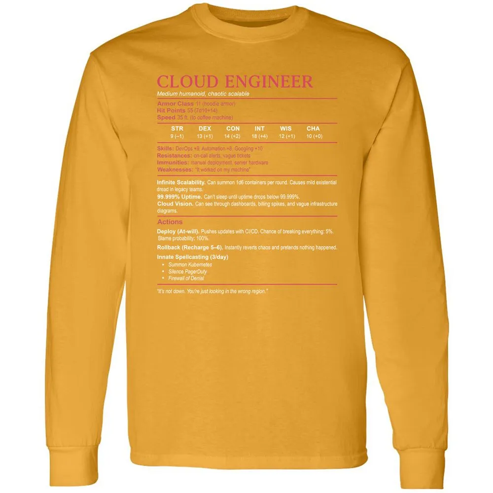 Cloud Engineer Stats Long Sleeve T-Shirt - Gold - 9