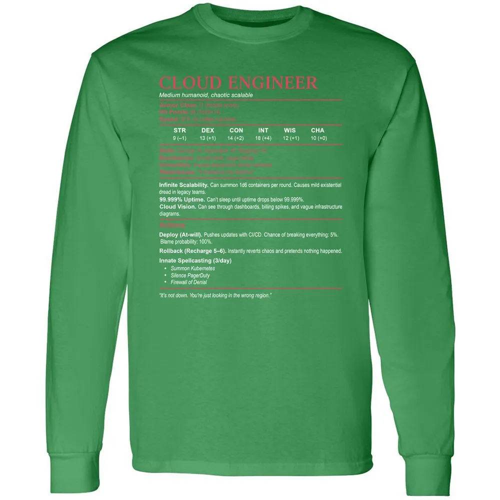 Cloud Engineer Stats Long Sleeve T-Shirt - Irish Green - 10