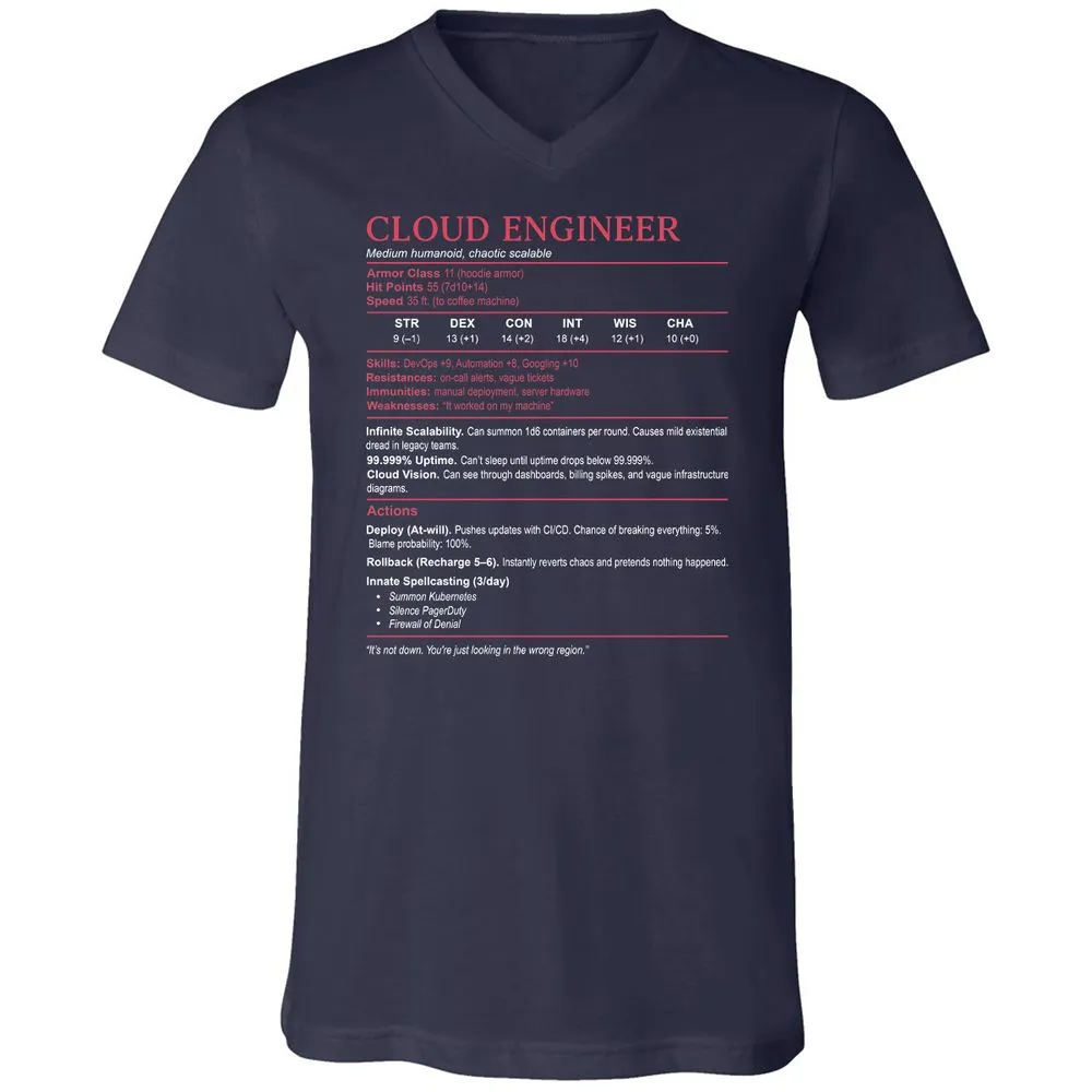 Cloud Engineer Stats Unisex V-Neck T-Shirt - Navy - 2