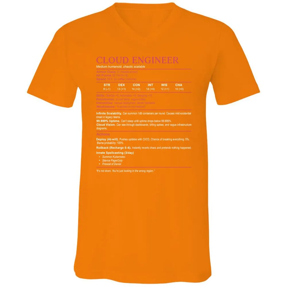 Cloud Engineer Stats Unisex V-Neck T-Shirt - Orange - 11
