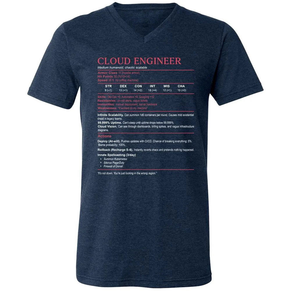 Cloud Engineer Stats Unisex V-Neck T-Shirt - Heather Navy - 15