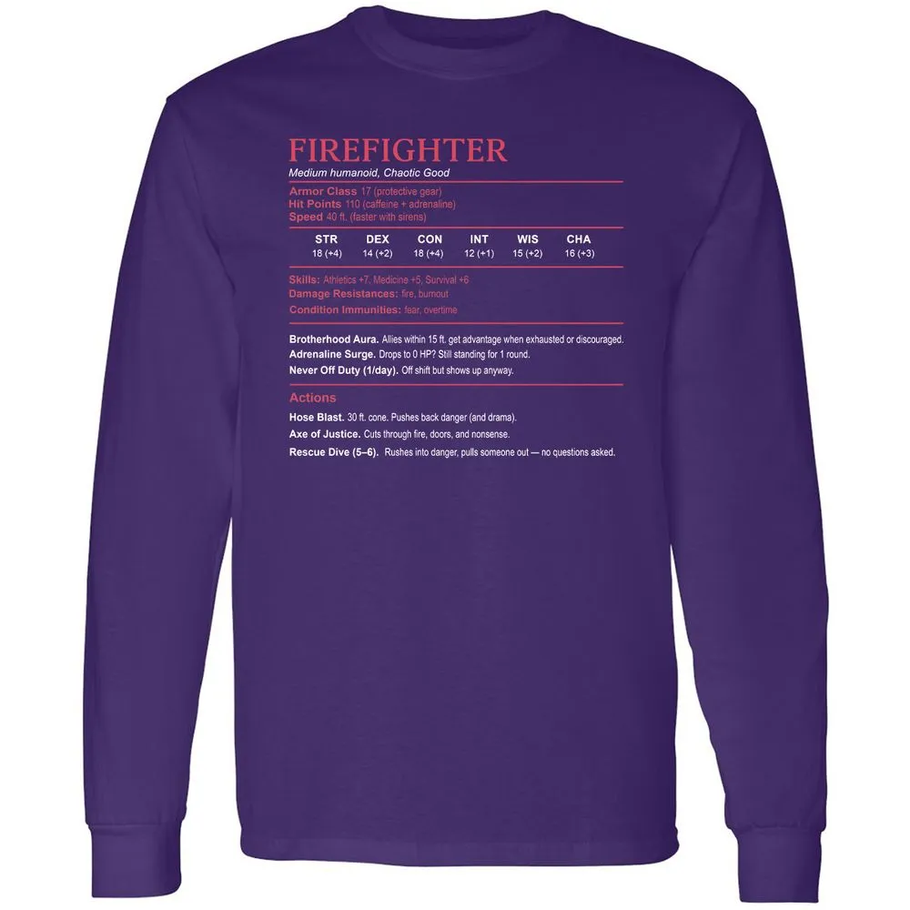 Firefighter Stats Long Sleeve T-Shirt - Purple - 13
