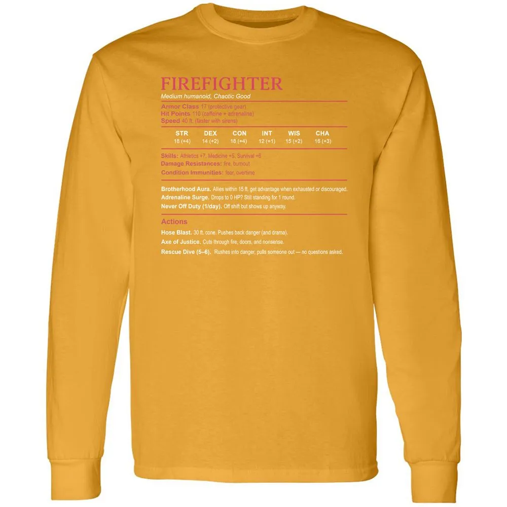 Firefighter Stats Long Sleeve T-Shirt - Gold - 9