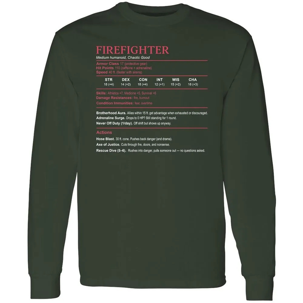 Firefighter Stats Long Sleeve T-Shirt - Forest Green - 4