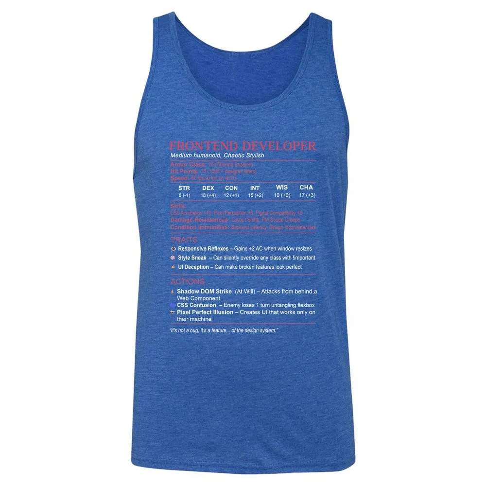 Frontend Developer Stats Unisex Jersey Tank - True Royal Triblend - 12