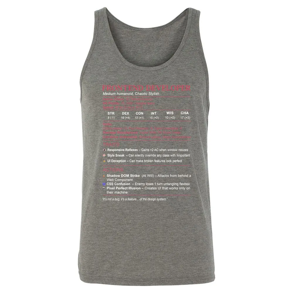 Frontend Developer Stats Unisex Jersey Tank - Grey Triblend - 8