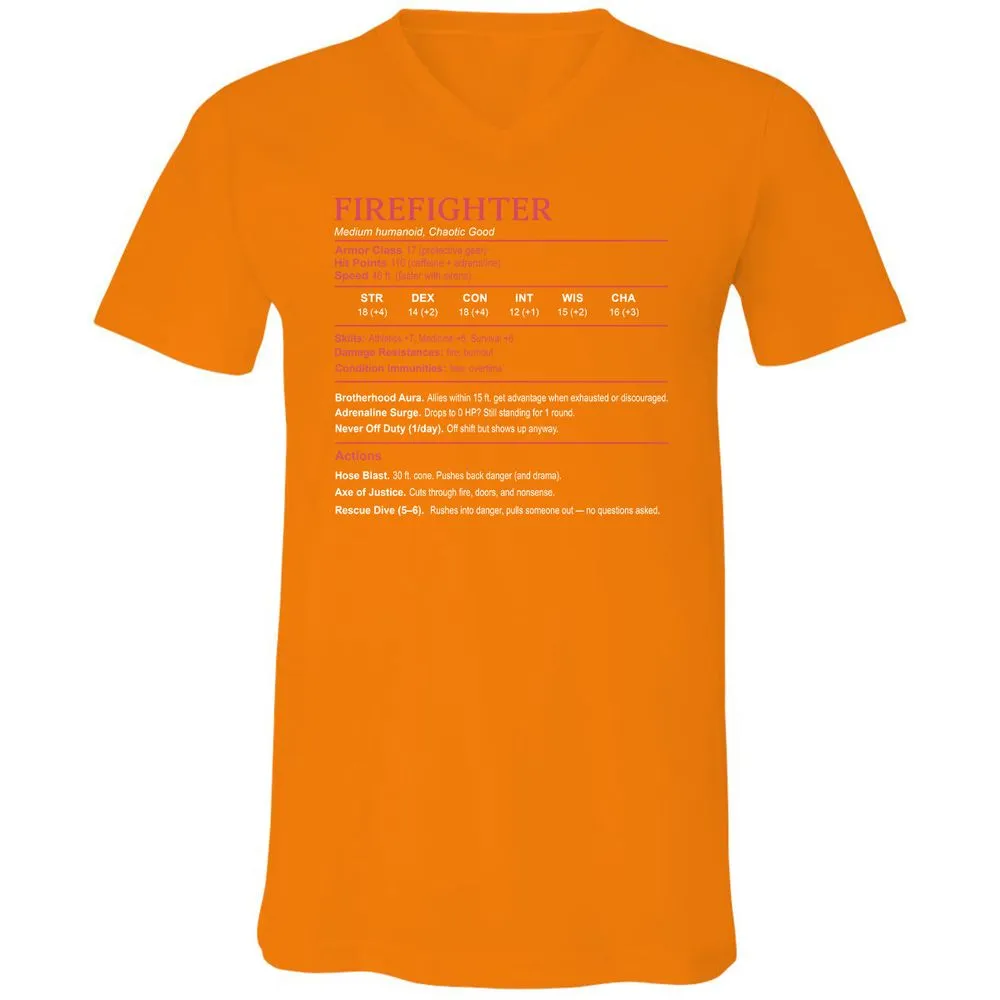 Firefighter Stats Unisex V-Neck T-Shirt - Orange - 11