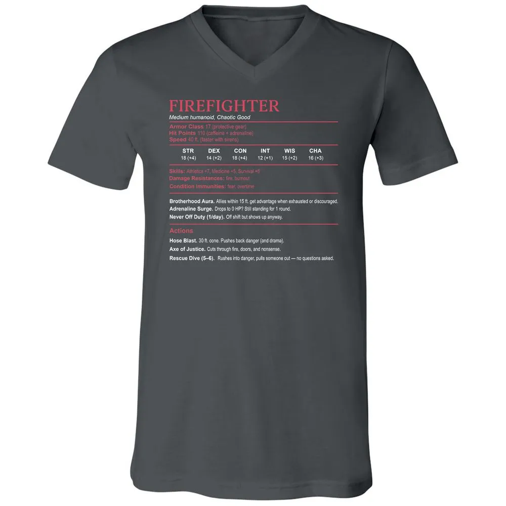 Firefighter Stats Unisex V-Neck T-Shirt - Asphalt - 12
