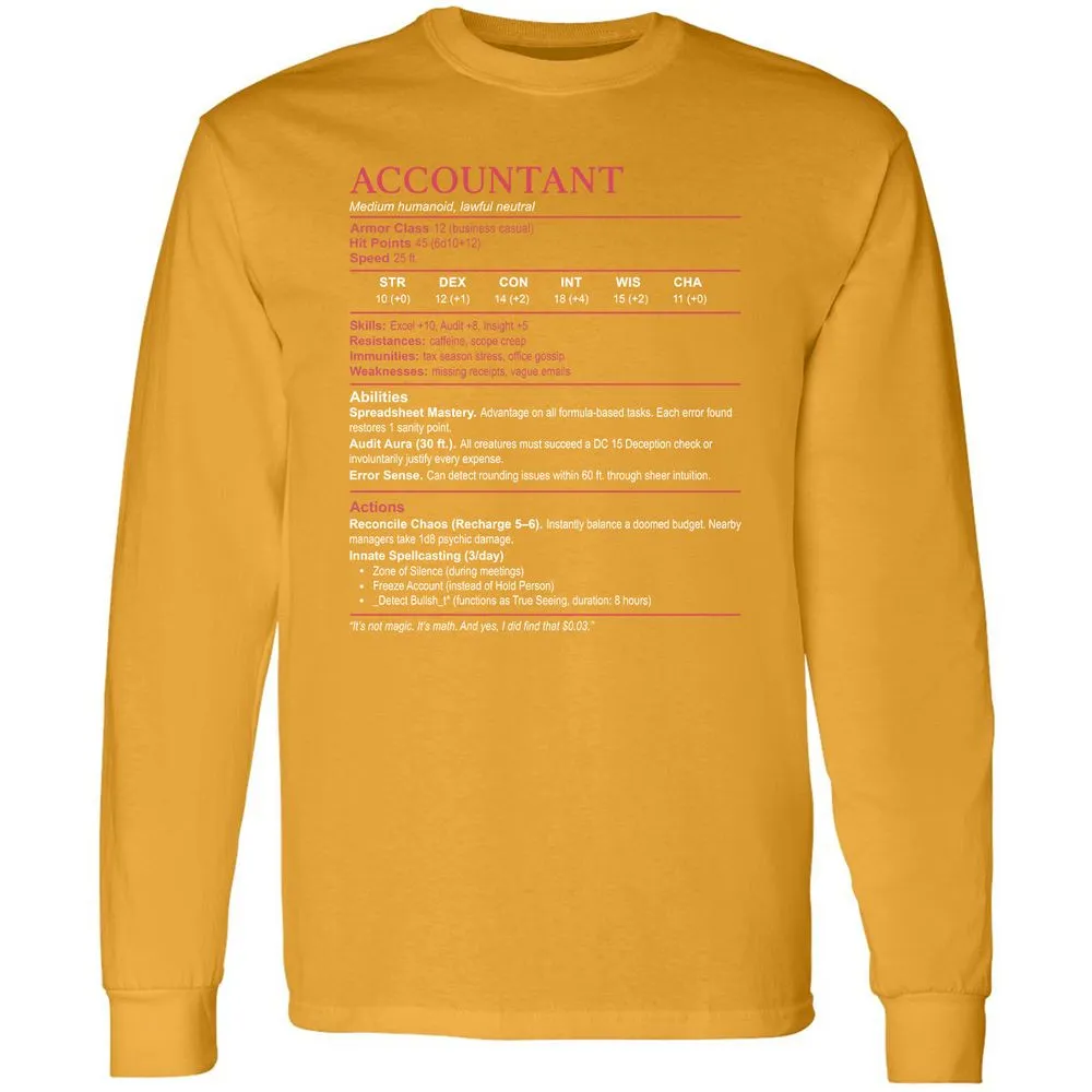 Accountant Stats Long Sleeve T-Shirt - Gold - 9