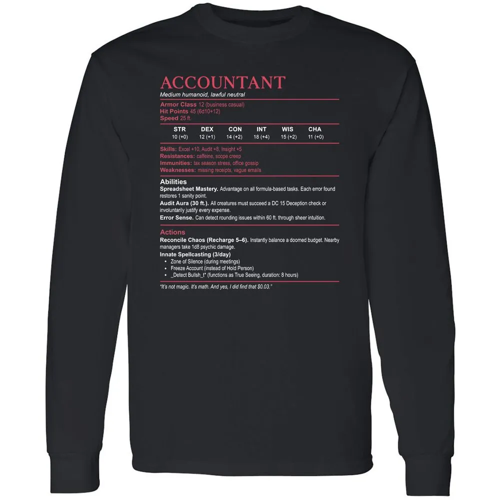 Accountant Stats Long Sleeve T-Shirt - Black - 1