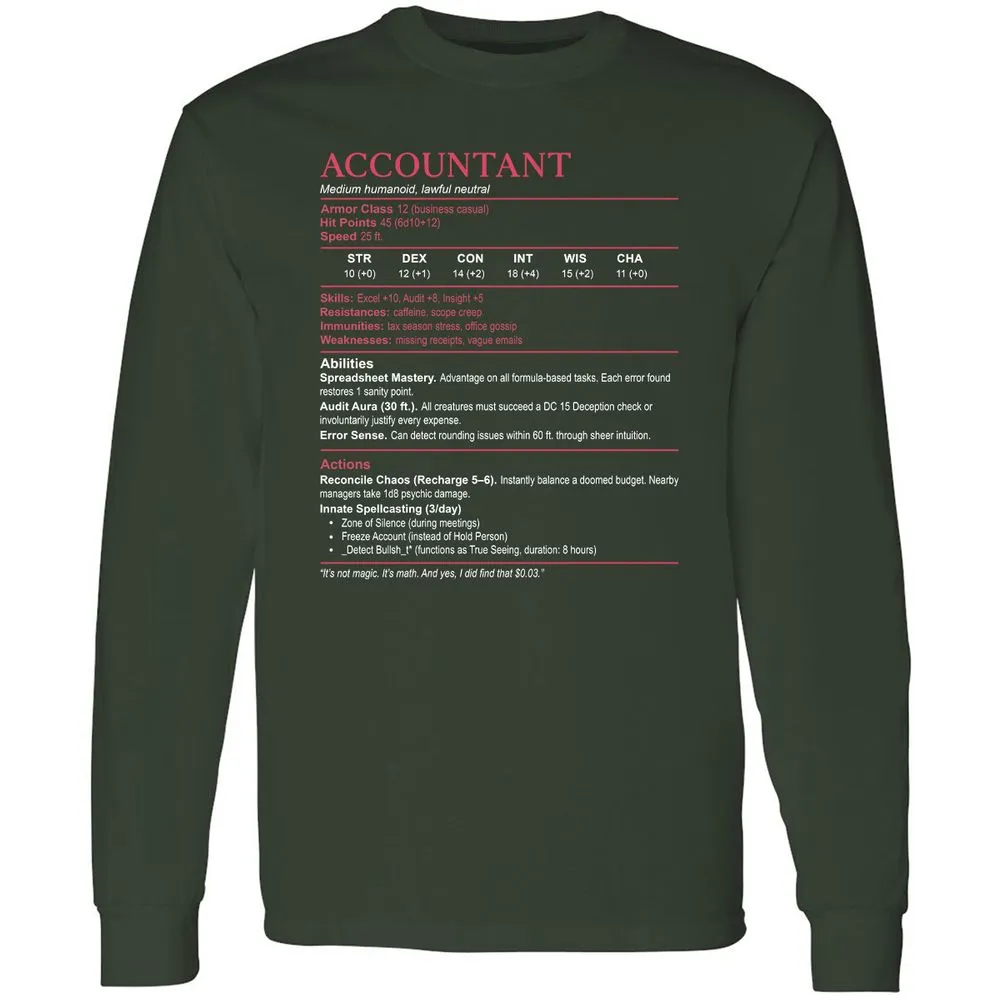 Accountant Stats Long Sleeve T-Shirt - Forest Green - 4