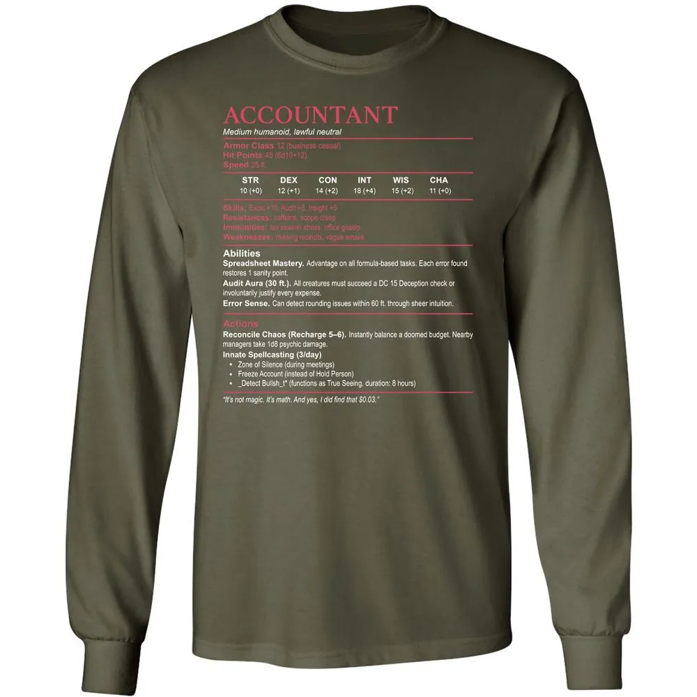 Accountant Stats Long Sleeve T-Shirt - Military Green - 16