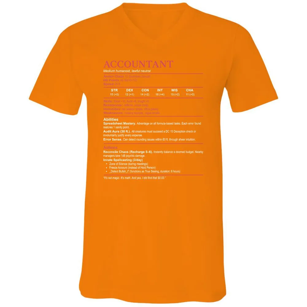 Accountant Stats Unisex V-Neck T-Shirt - Orange - 11