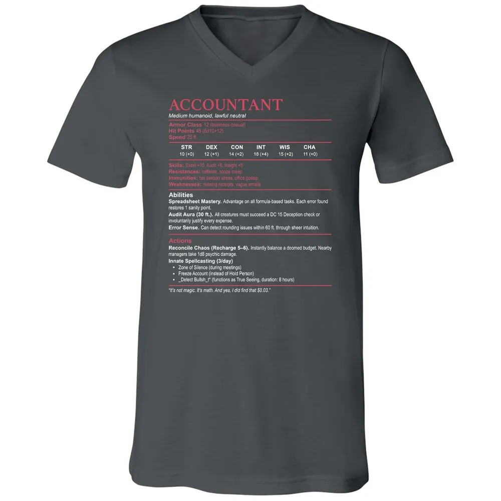Accountant Stats Unisex V-Neck T-Shirt - Asphalt - 12