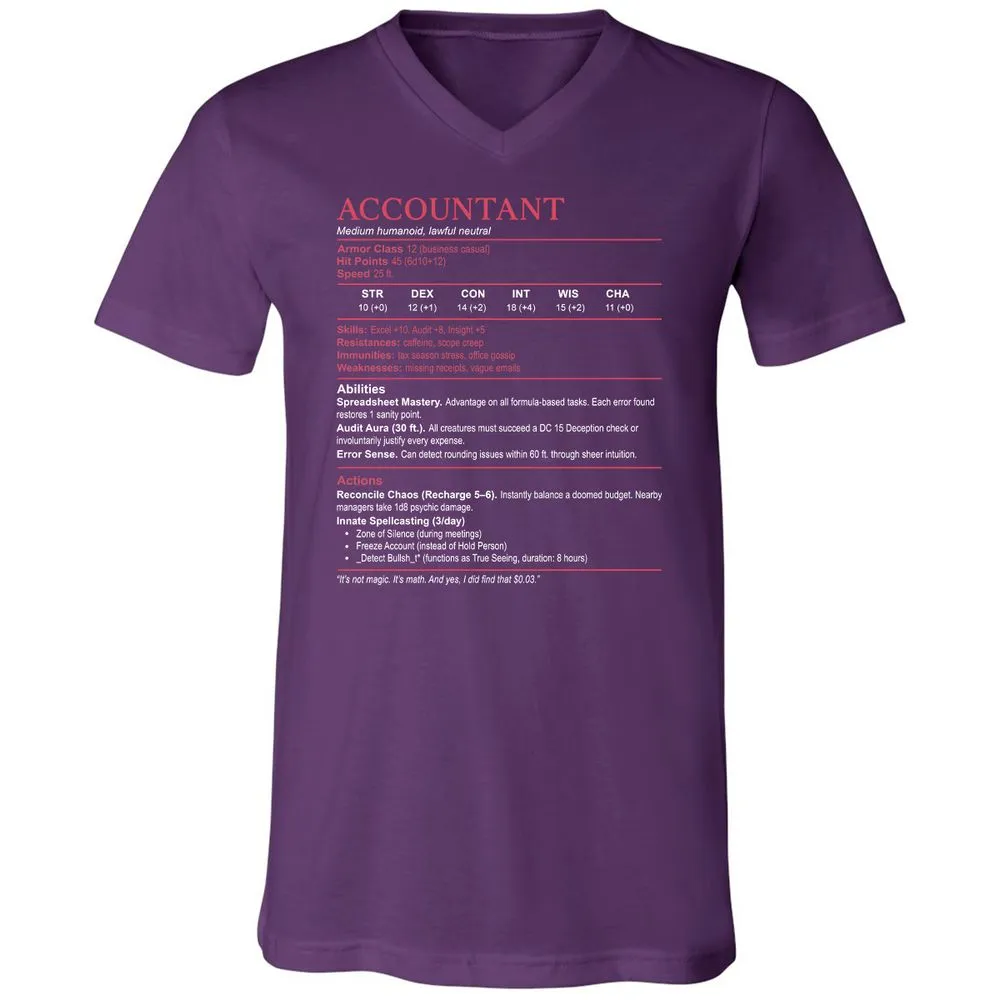 Accountant Stats Unisex V-Neck T-Shirt - Team Purple - 9