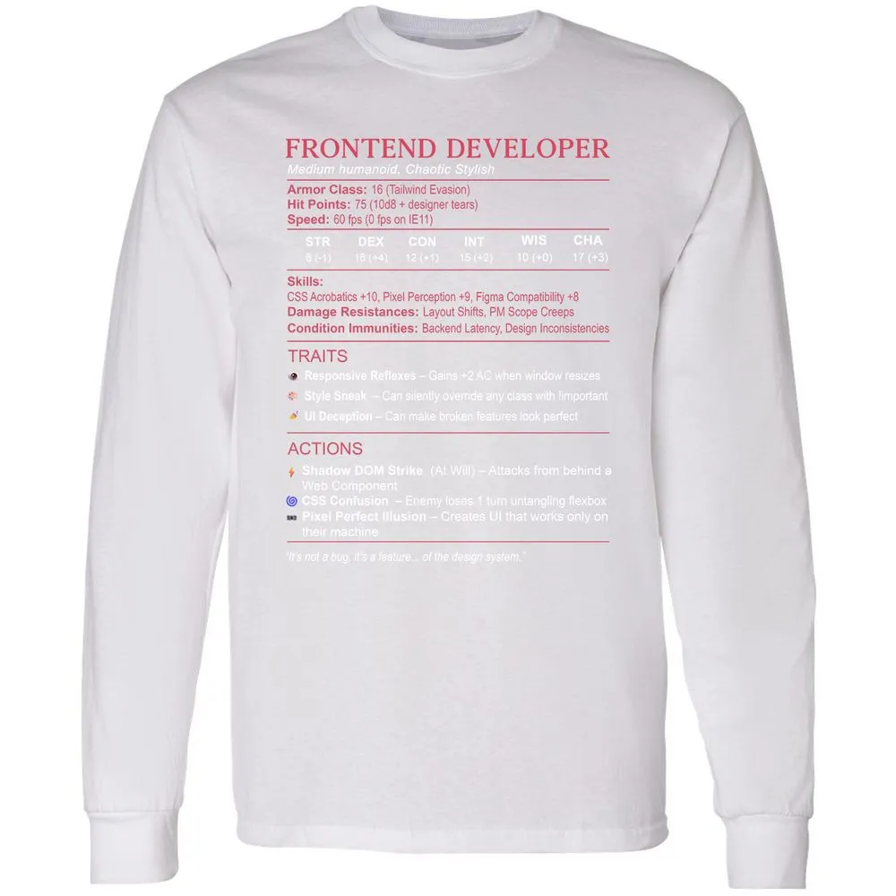 Frontend Developer Stats Long Sleeve T-Shirt - White - 5