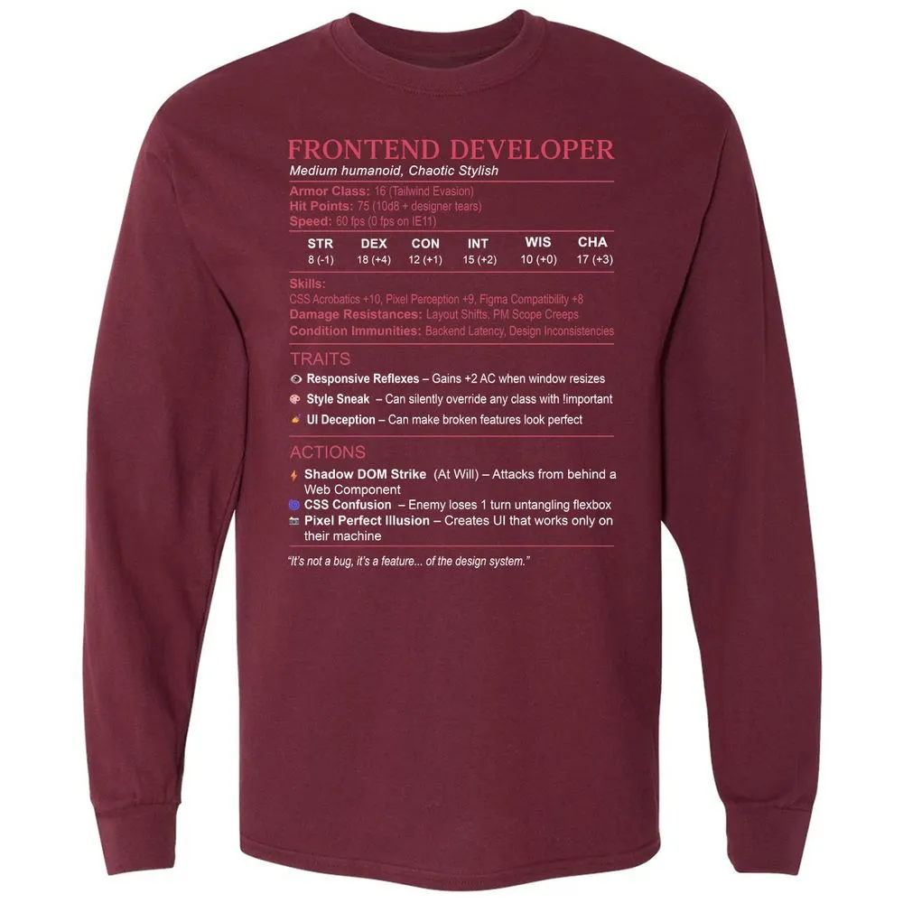 Frontend Developer Stats Long Sleeve T-Shirt - Maroon - 11