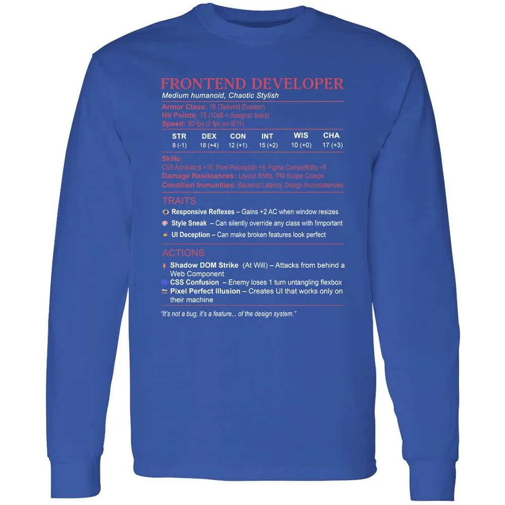 Frontend Developer Stats Long Sleeve T-Shirt - Royal - 8