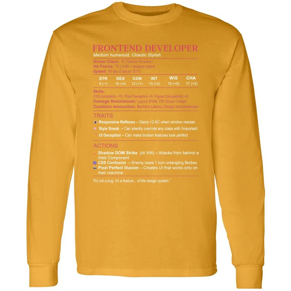 Frontend Developer Stats Long Sleeve T-Shirt - Gold - 9