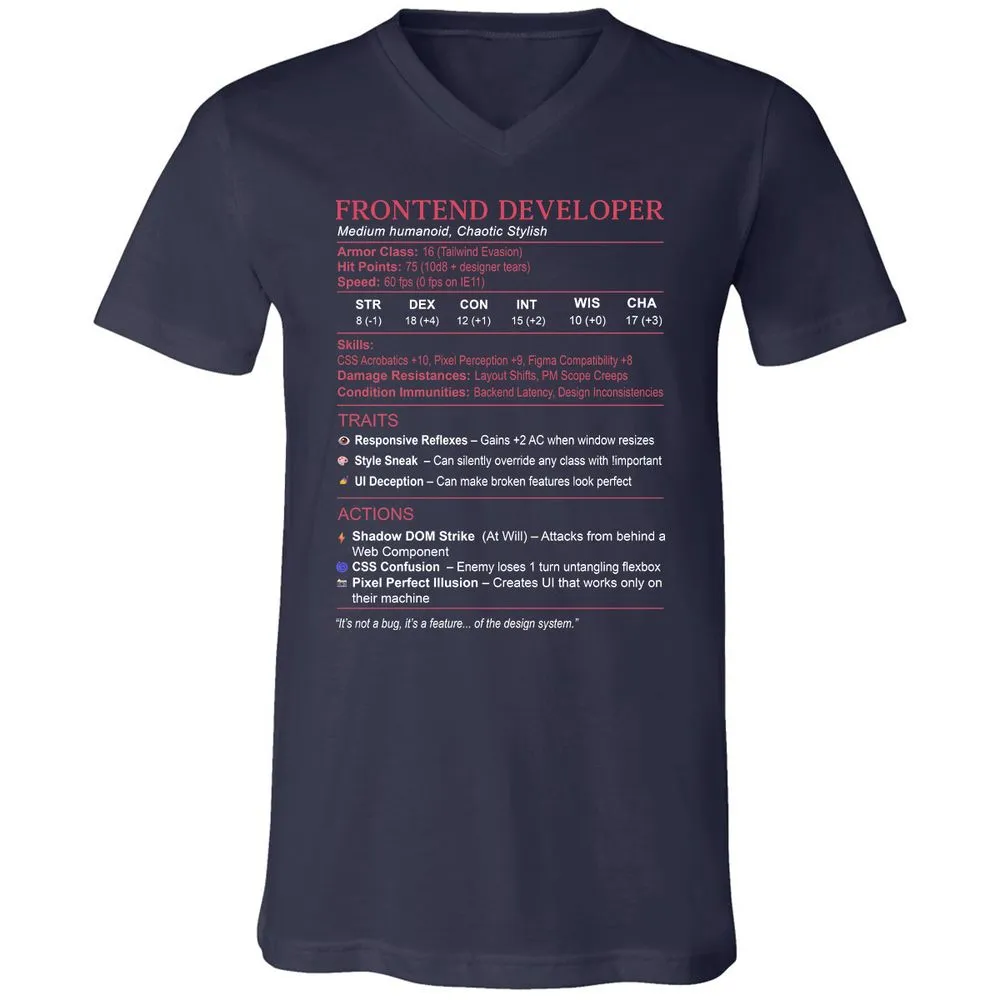 Frontend Developer Stats Unisex V-Neck T-Shirt - Navy - 2